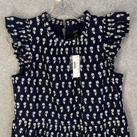 💙 J Crew Womens Medium Petite Navy Floral Tiered Midi Dress Pockets 💙 - Picture 4 of 14